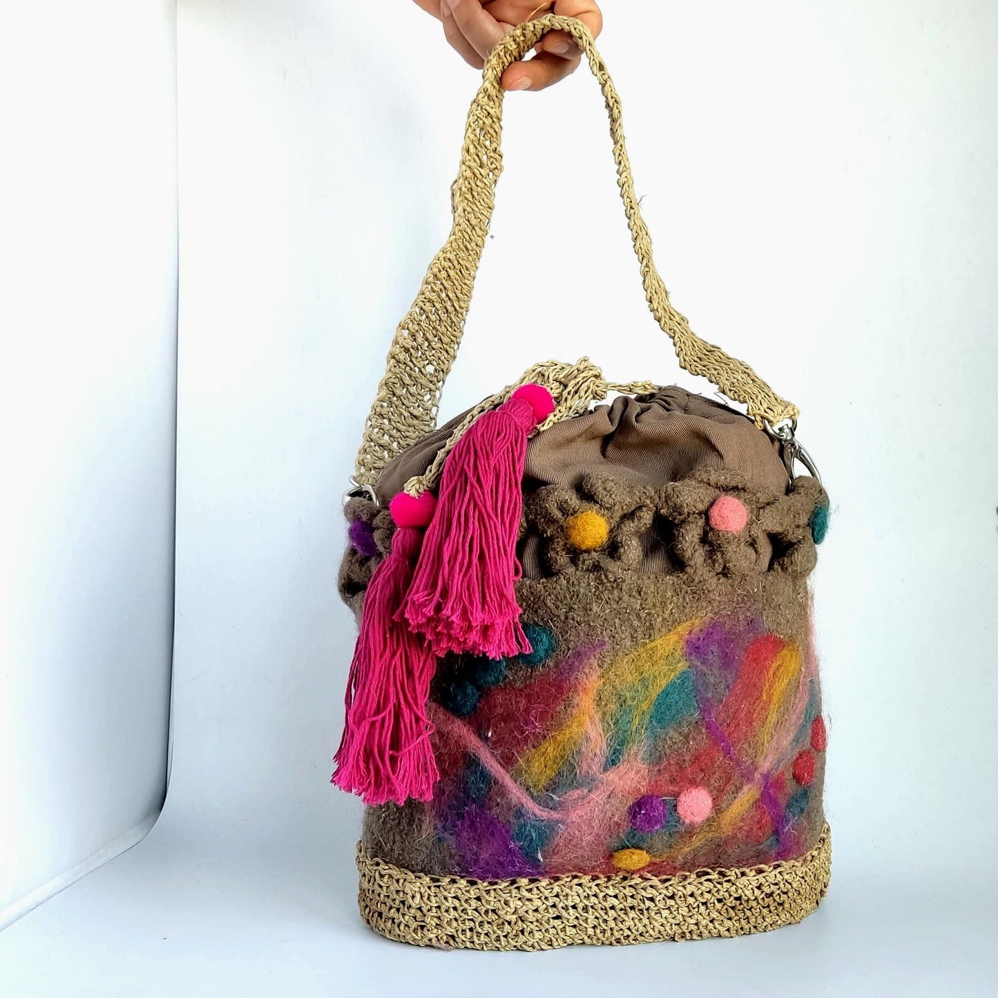 Felted Wool Bucket Bag: Crochet Jute Handle, Needle Felted Flowers