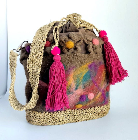 Felted Wool Bucket Bag: Crochet Jute Handle, Needle Felted Flowers