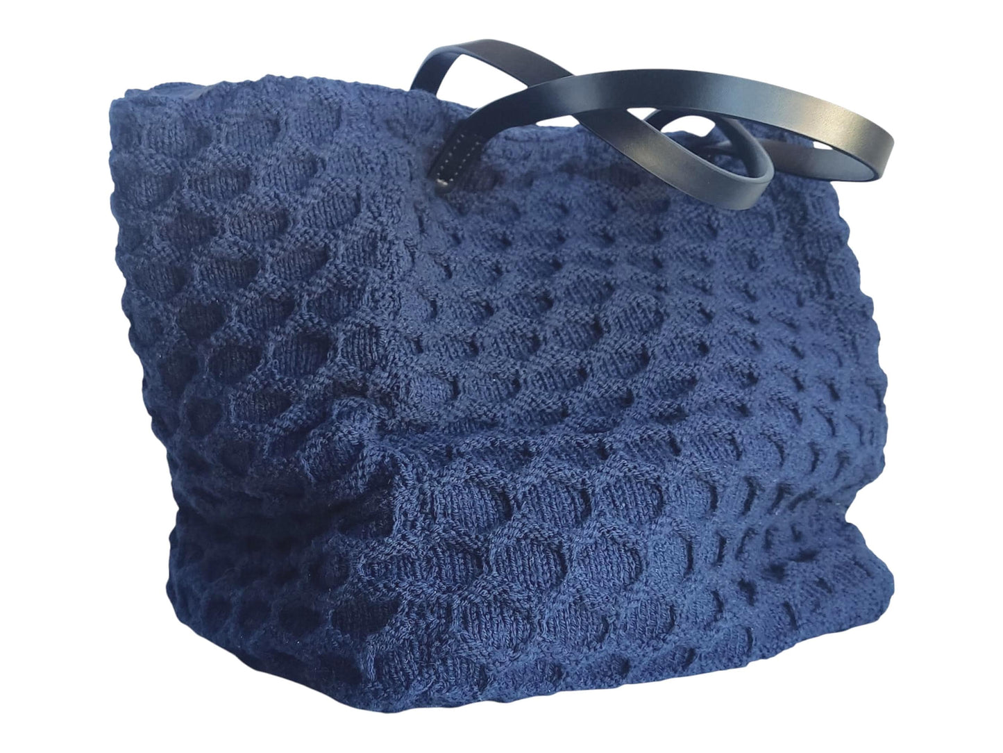 Gehäkelte und gestrickte Tragetasche: Große marineblaue Boho-Handtasche mit Ledergriffen