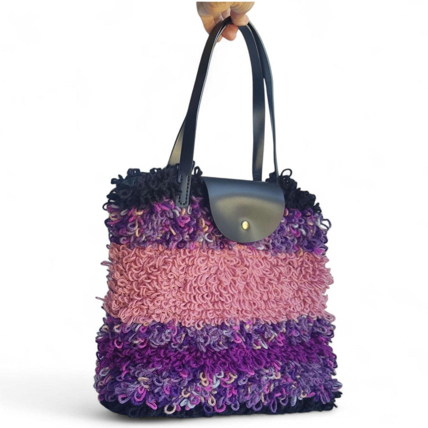 Crochet Tote Bag with Leather Handles and Two Purses