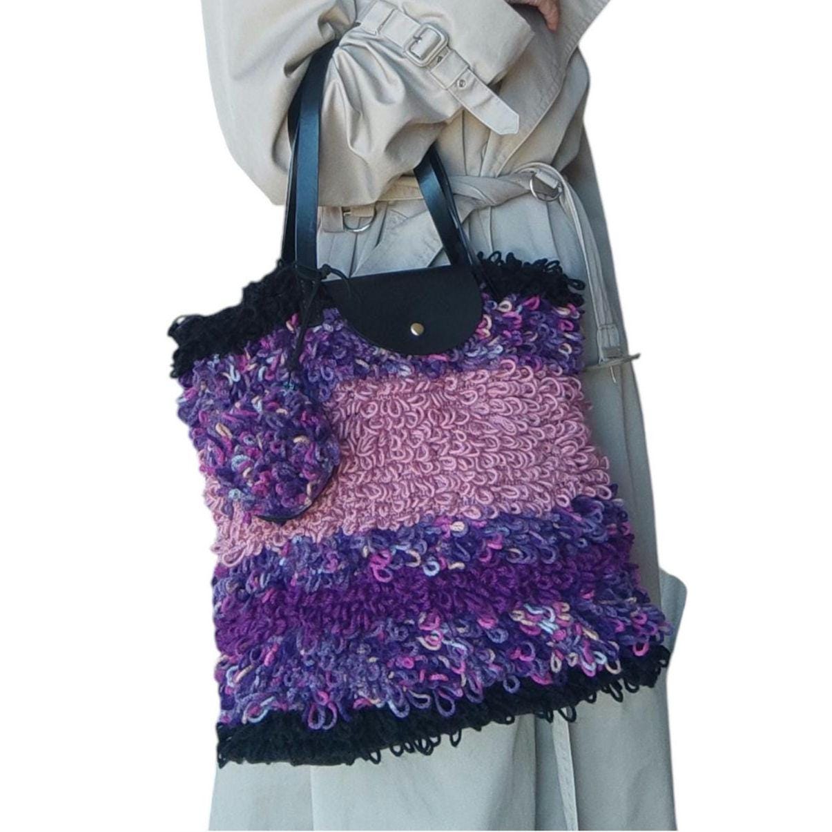 Crochet Tote Bag with Leather Handles and Two Purses