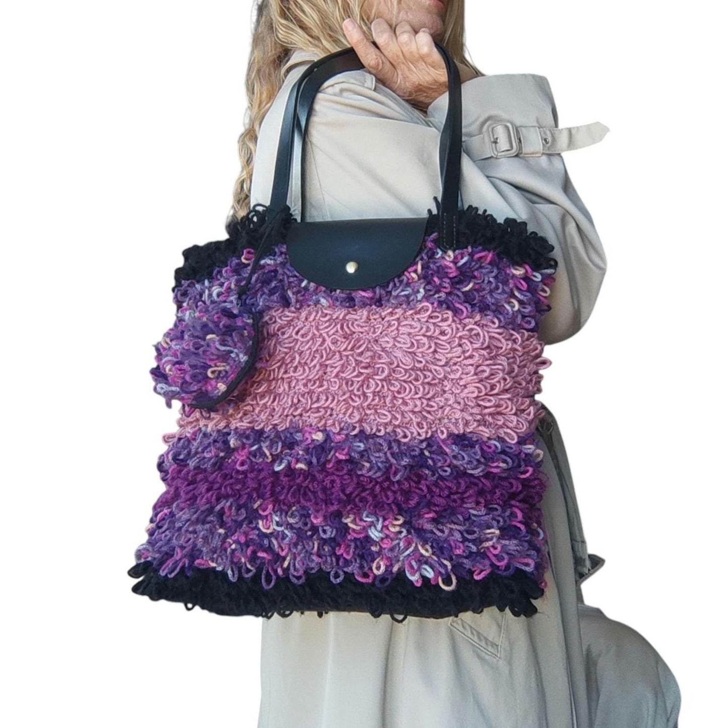 Crochet Tote Bag with Leather Handles and Two Purses