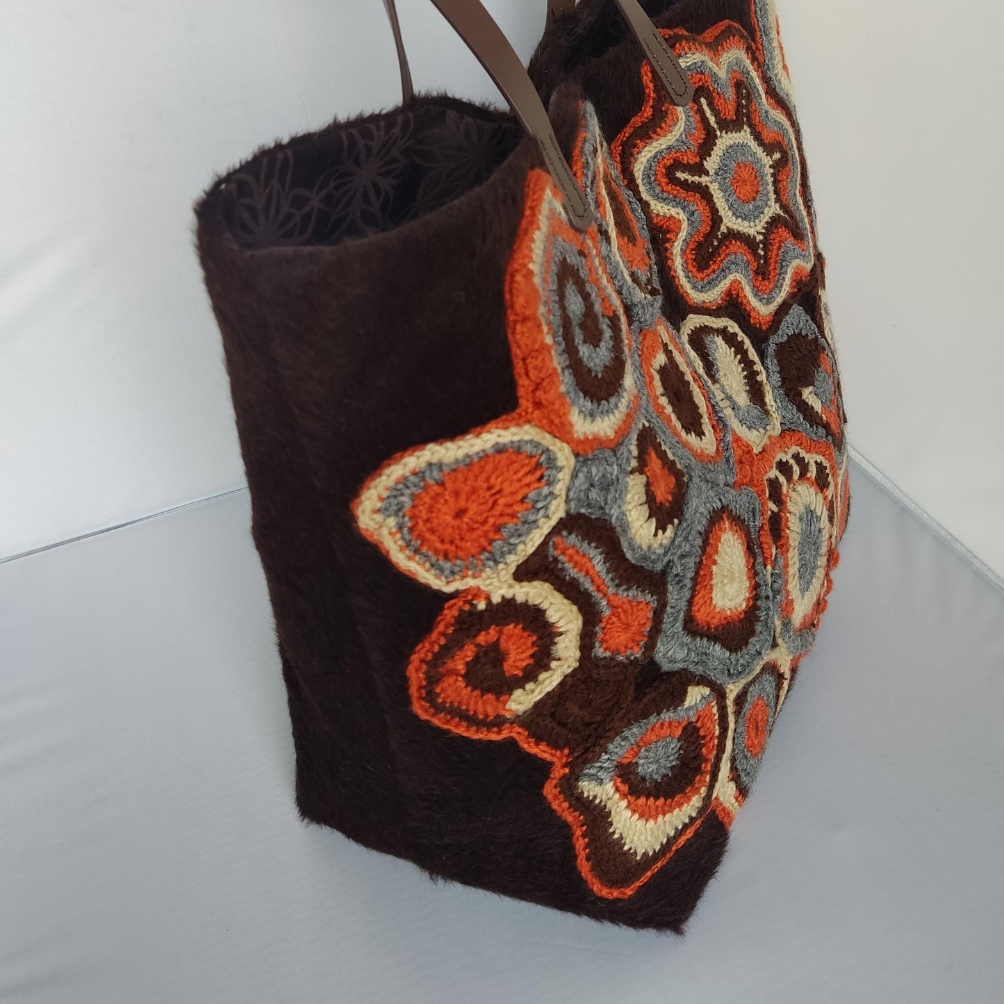 Faux Fur Tote Handbag - Brown Crochet Large Shoulder Bag