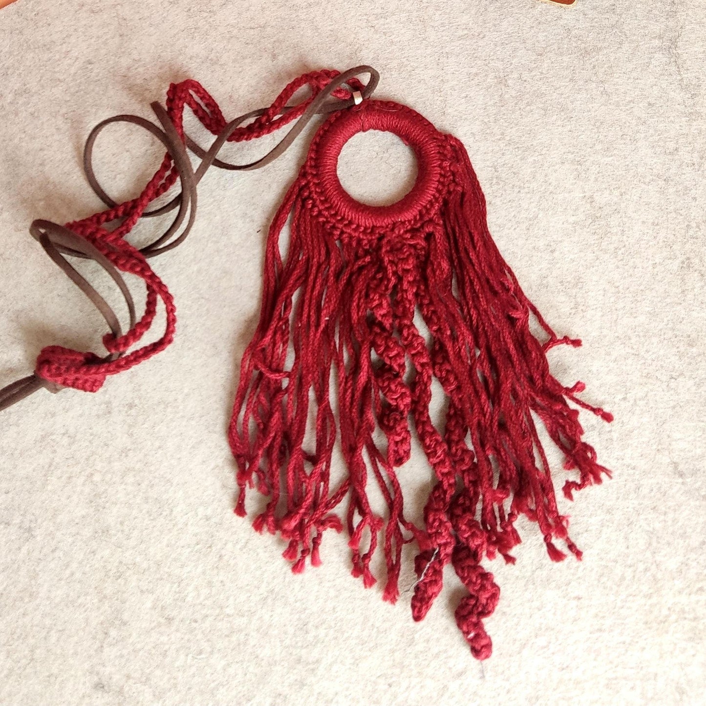 Burgundy Crochet Fringe Pendant Necklace - Handmade Boho Statement Jewelry