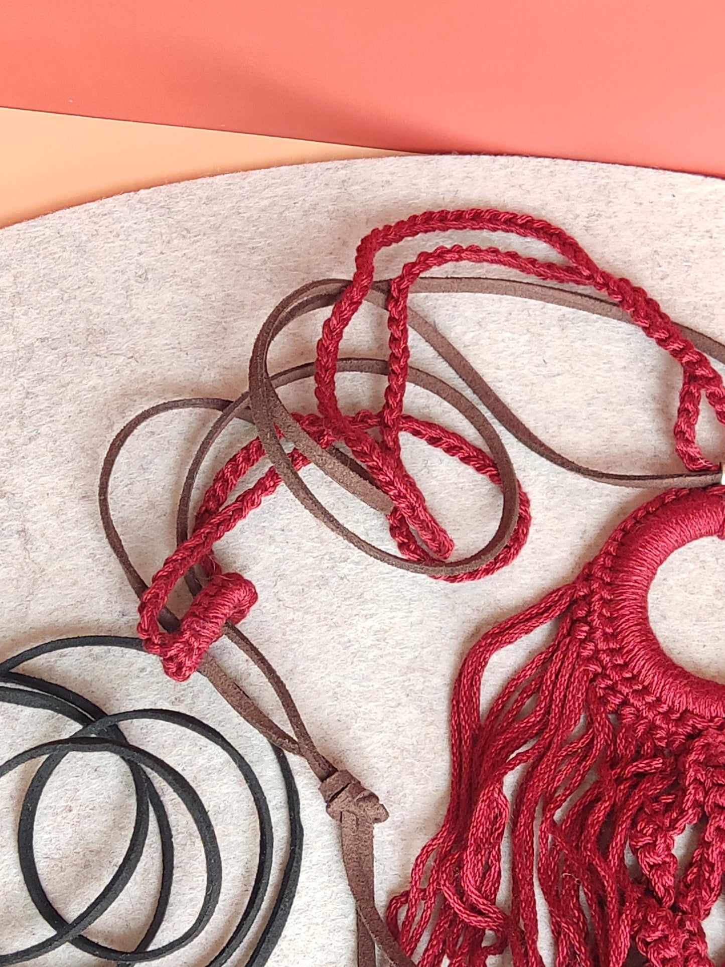 Burgundy Crochet Fringe Pendant Necklace - Handmade Boho Statement Jewelry