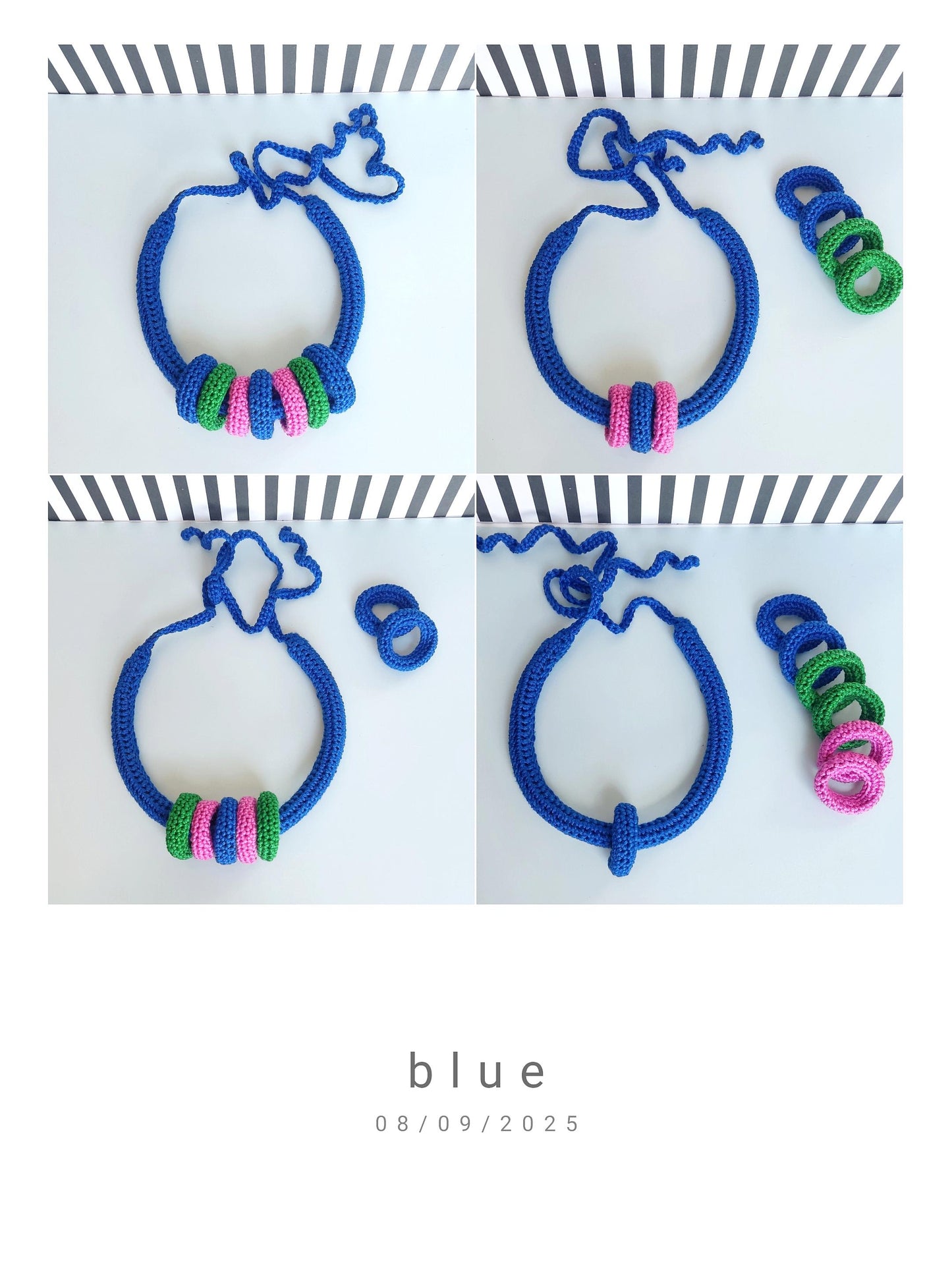 Royal Blue Multiway Crochet Statement Necklace - Curved Necklace & Multicolour Chunky Rings, Adjustable