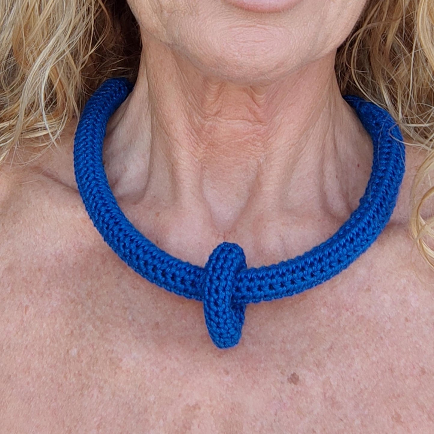 Royal Blue Multiway Crochet Statement Necklace - Curved Necklace & Multicolour Chunky Rings, Adjustable