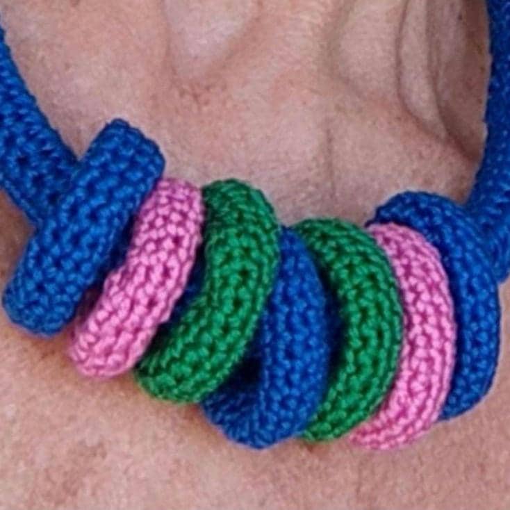 Royal Blue Multiway Crochet Statement Necklace - Curved Necklace & Multicolour Chunky Rings, Adjustable