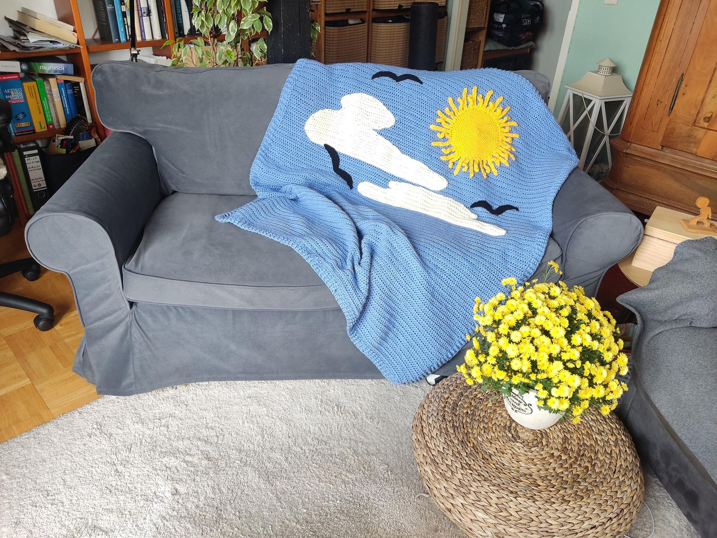 Cat Crochet Throw Blanket - Midnight Blue Moon Stars White Cats Sofa Decor