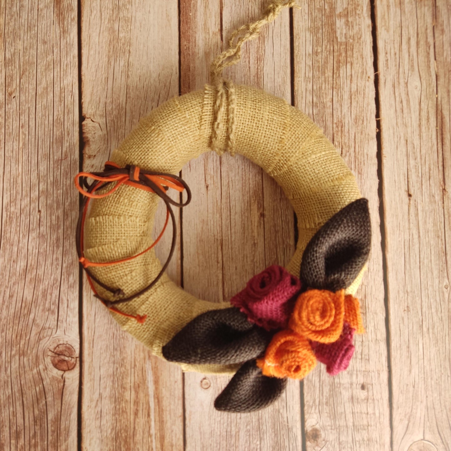 Autumn Burlap Rose Wreath: Handmade Fall Door Decor in Orange & Burgundy
