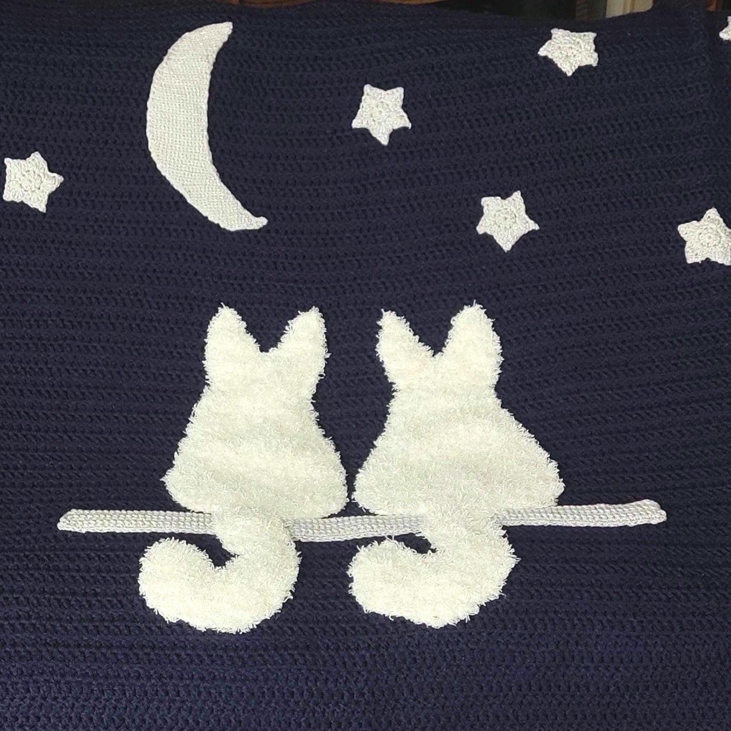Cat Crochet Throw Blanket - Midnight Blue Moon Stars White Cats Sofa Decor
