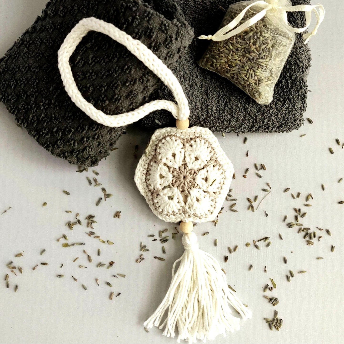 Personalised Crochet Lavender Sachet: Cotton Closet Freshener with Wooden Beads