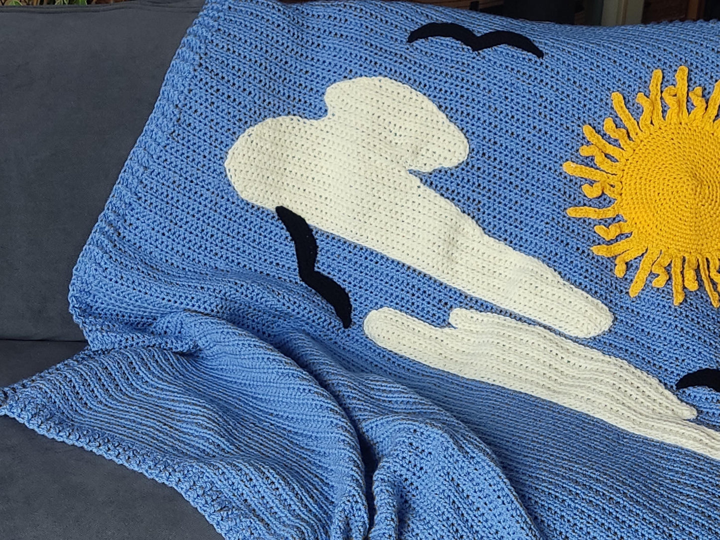 Personalised Blue Crochet Toddler Blanket: Sun, Cloud, Bird Crochet  Throw