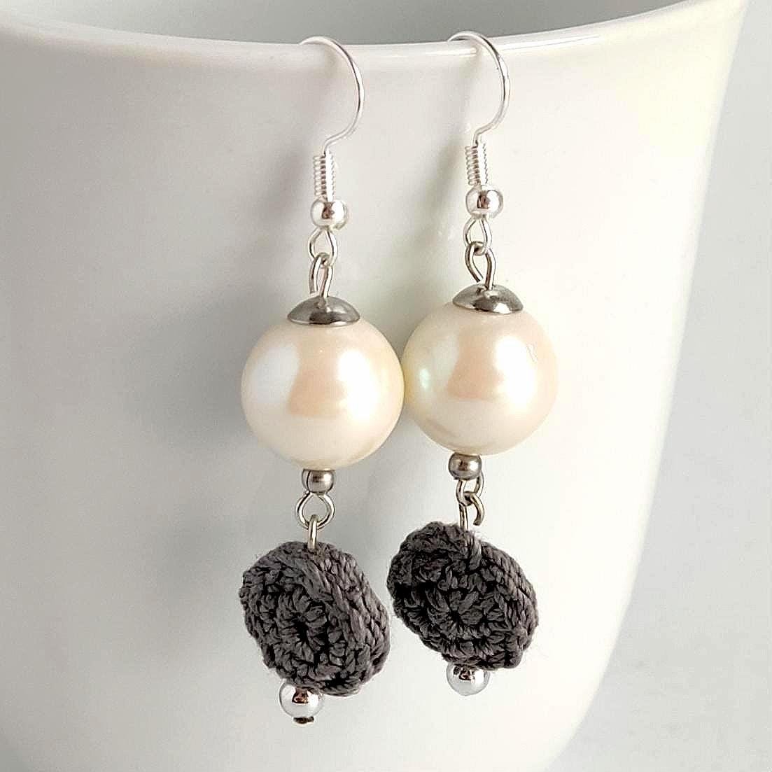 Crochet Pearl Drop Earrings: Gray Boho Dangle Earrings