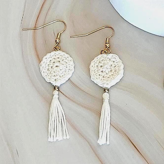 White Crochet Tassel Earrings: Boho Micro Crochet Jewelry
