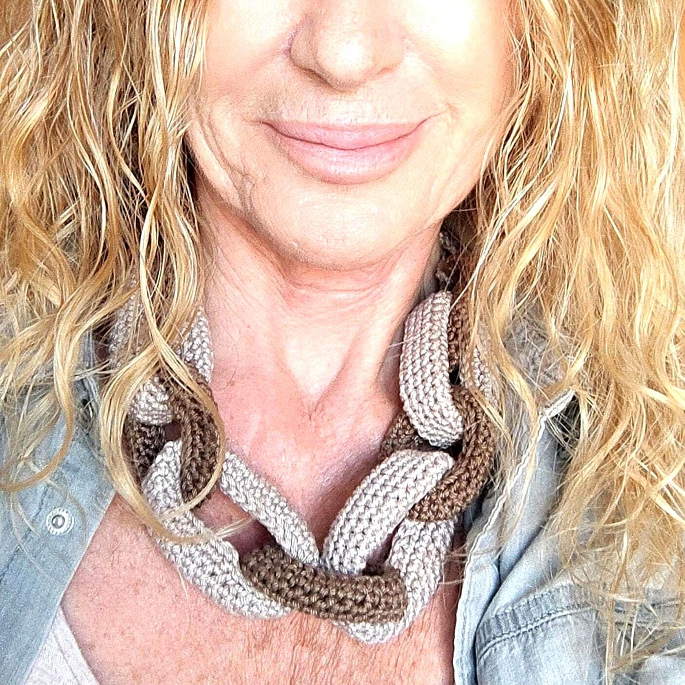 Brown & Beige Chunky Crochet Statement Necklace - Handmade Braided Cotton Chain Jewelry