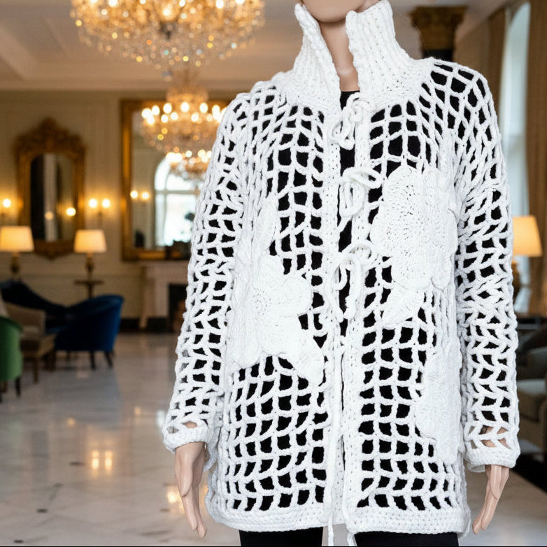 Oversized Crochet Cardigan with Flowers: Elegant White Wool Top for Women