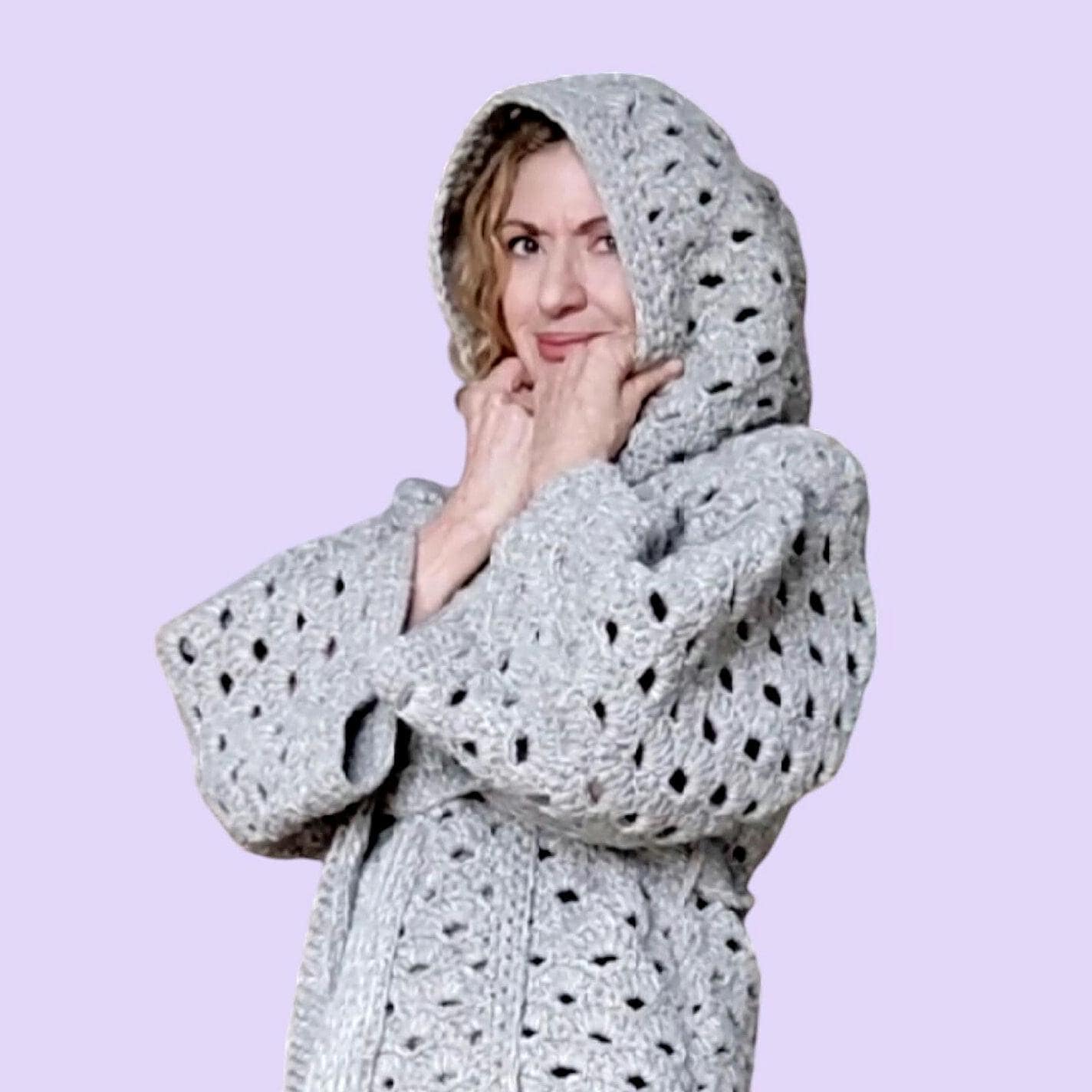 Gray Sequin Hooded Cardigan - Chunky Crochet Belted Jacket for Women