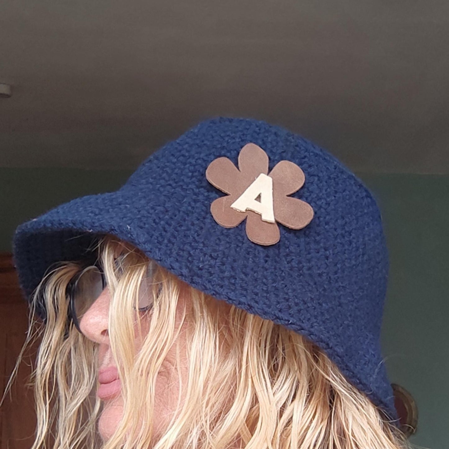 Personalised Navy Blue Crochet Bucket Hat with Leather Flower