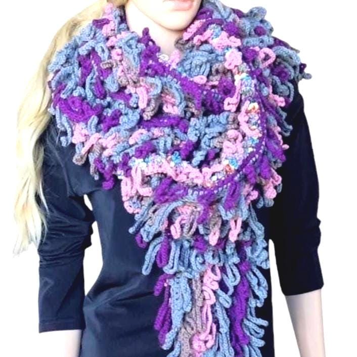 Chunky Crochet Scarf with Fringes - Gray Pink Purple Oversized Wrap Shawl
