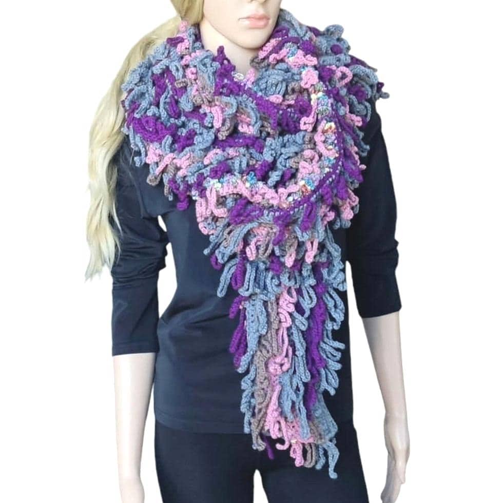Chunky Crochet Scarf with Fringes - Gray Pink Purple Oversized Wrap Shawl