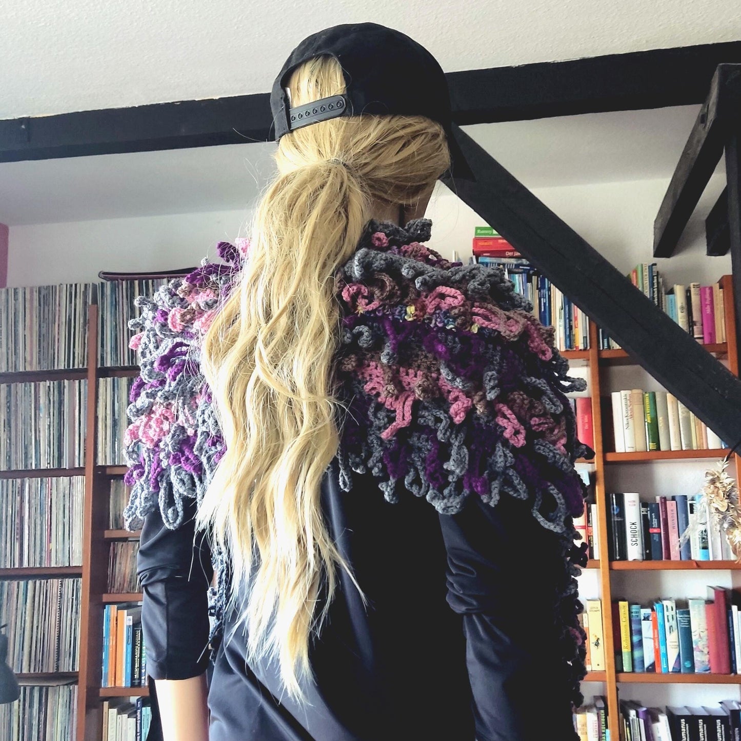 Chunky Crochet Scarf with Fringes - Gray Pink Purple Oversized Wrap Shawl