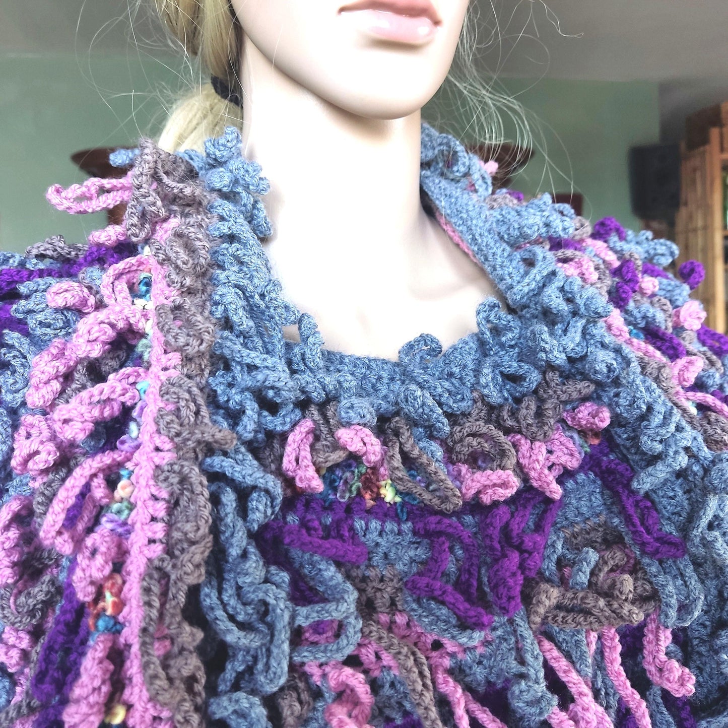 Chunky Crochet Scarf with Fringes - Gray Pink Purple Oversized Wrap Shawl