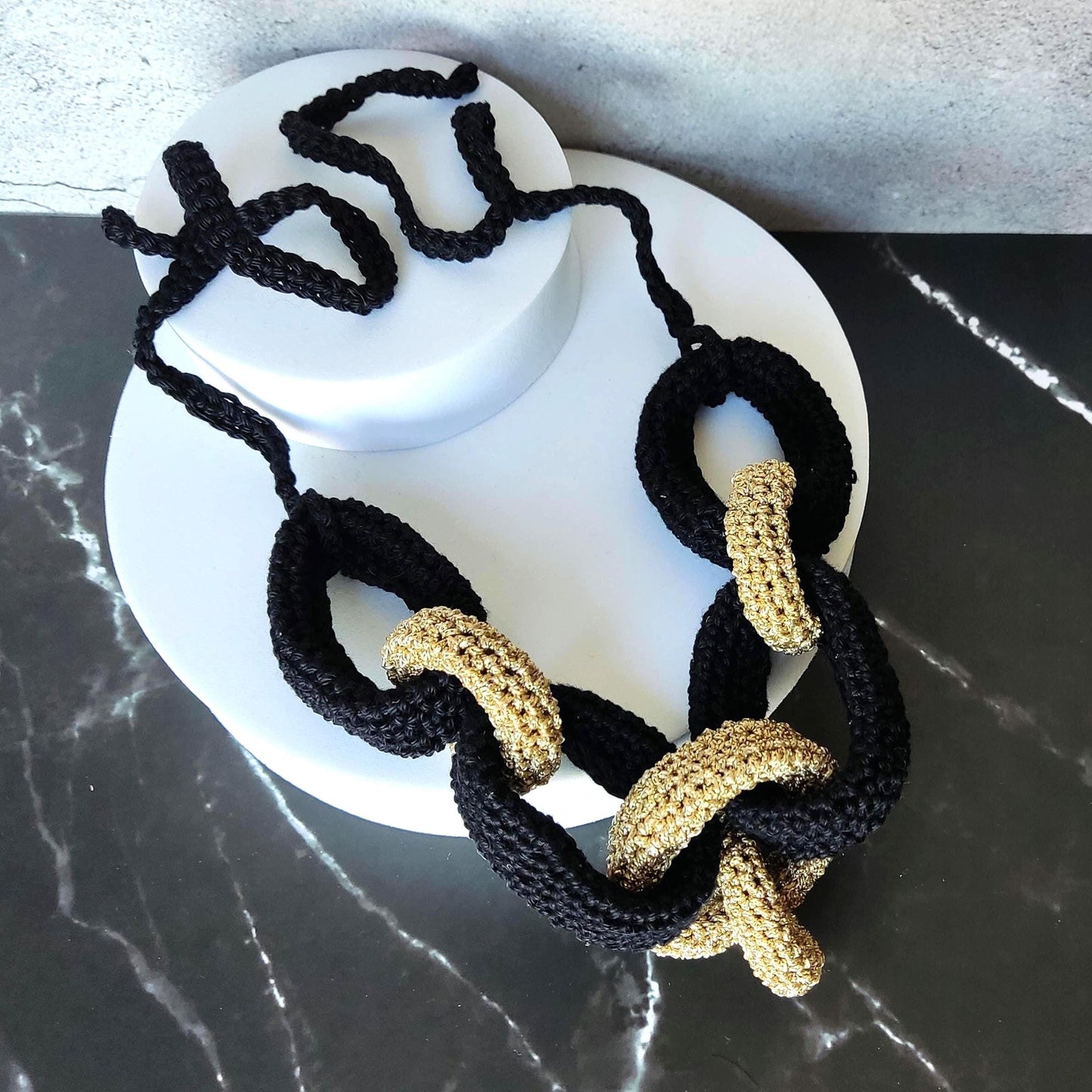 Black & Gold Chunky Crochet Statement Necklace - Elegant Handmade Cotton Chain