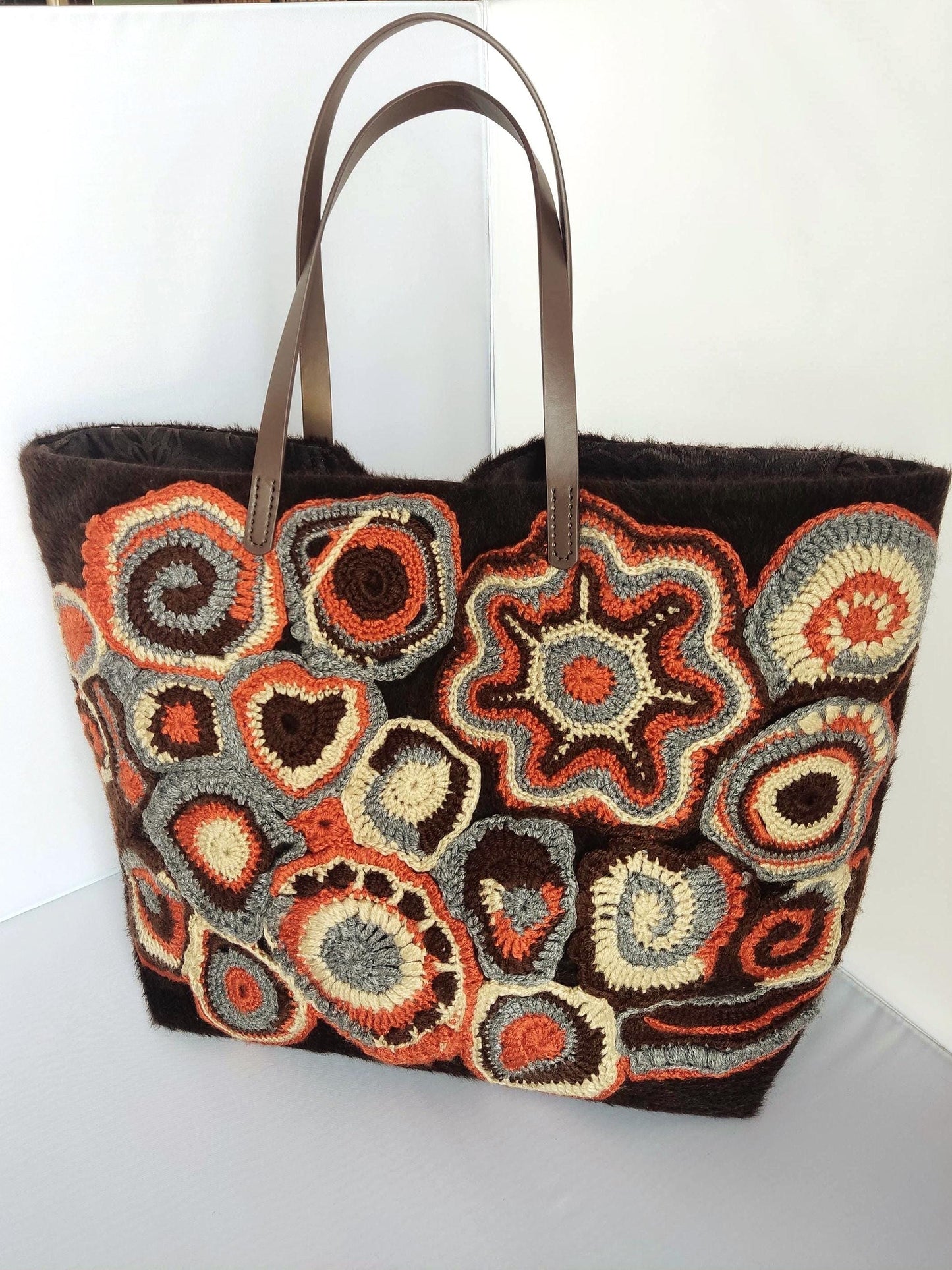 Faux Fur Tote Handbag - Brown Crochet Large Shoulder Bag