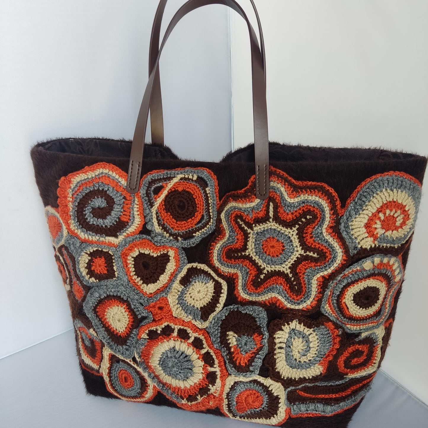 Faux Fur Tote Handbag - Brown Crochet Large Shoulder Bag