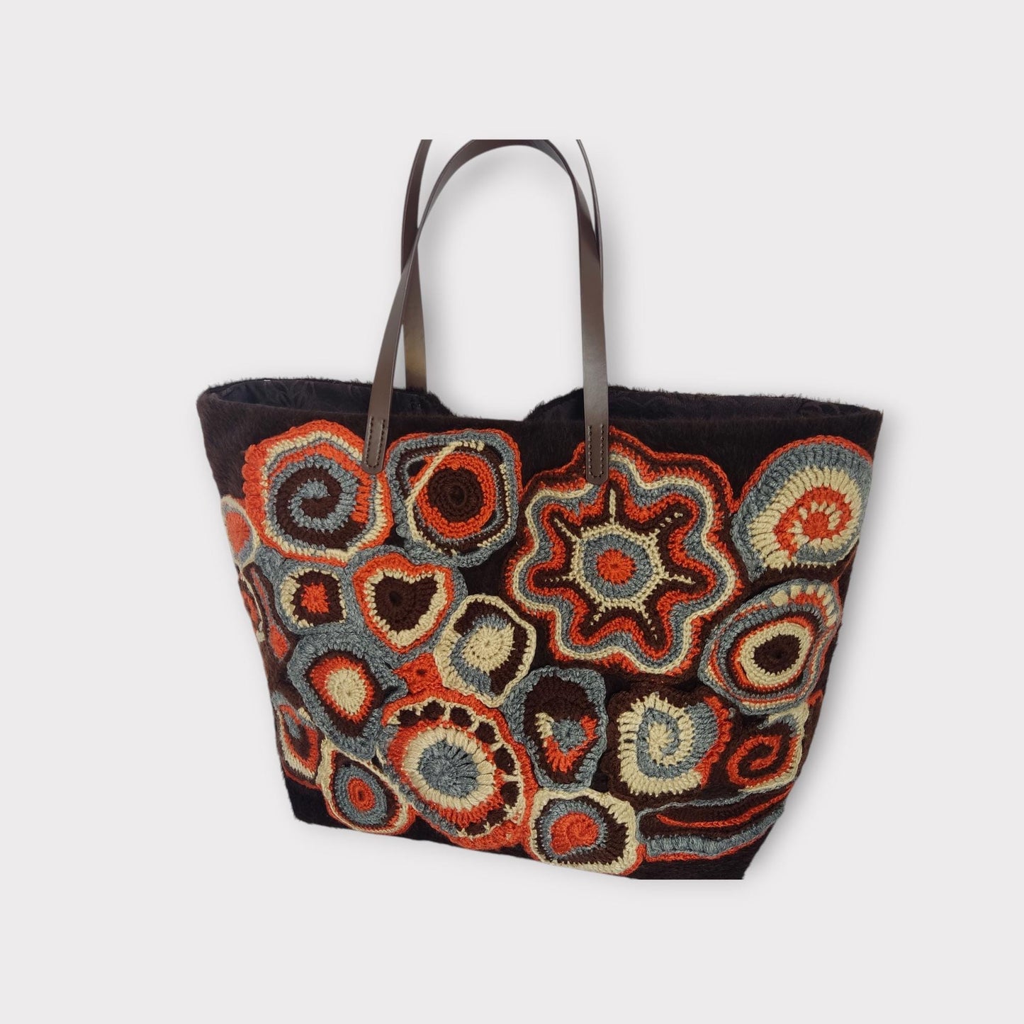 Faux Fur Tote Handbag - Brown Crochet Large Shoulder Bag