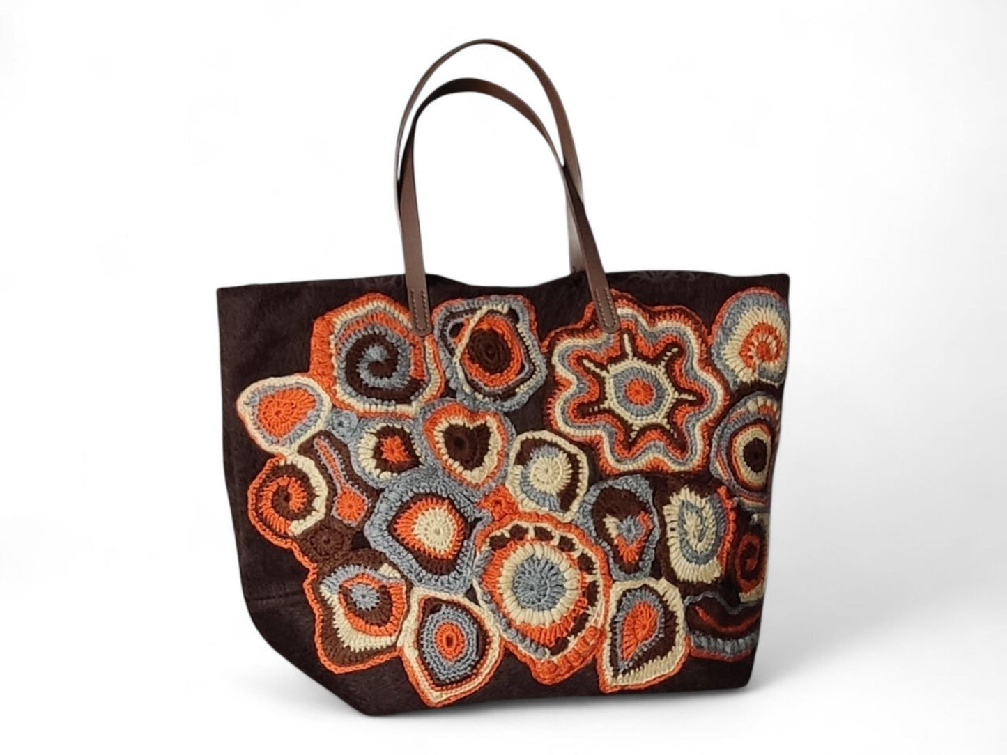 Faux Fur Tote Handbag - Brown Crochet Large Shoulder Bag