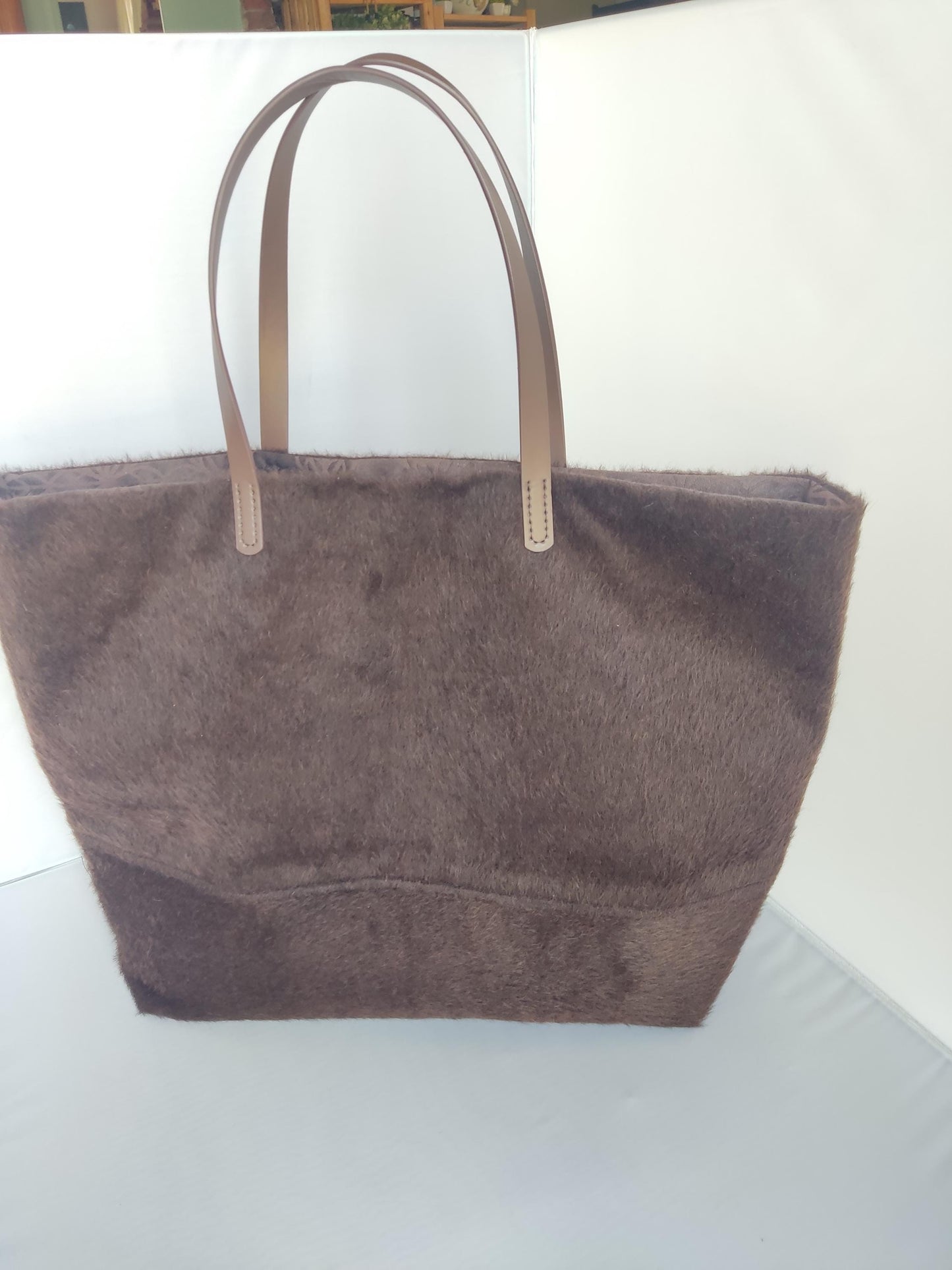 Faux Fur Tote Handbag - Brown Crochet Large Shoulder Bag