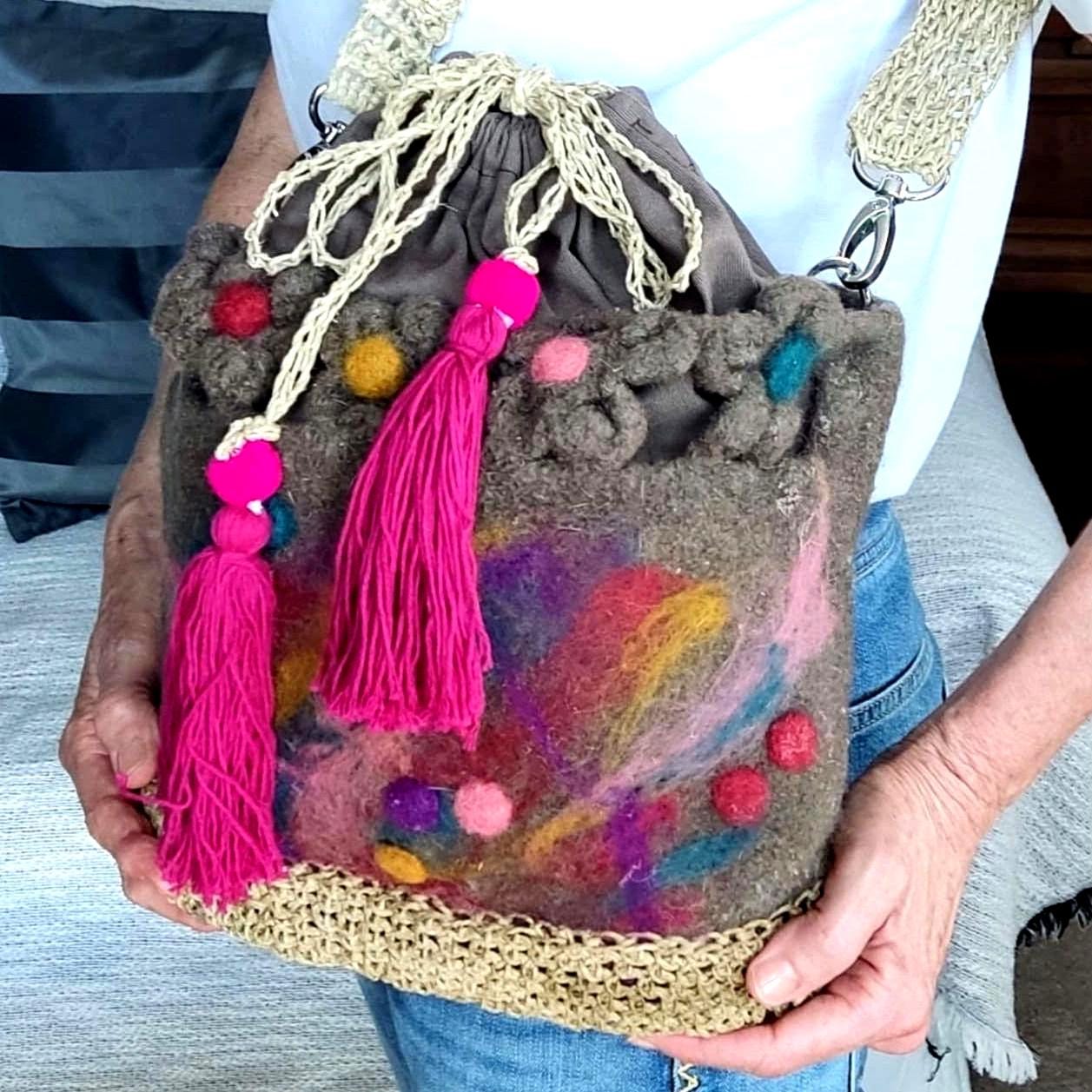 Felted Wool Bucket Bag: Crochet Jute Handle, Needle Felted Flowers