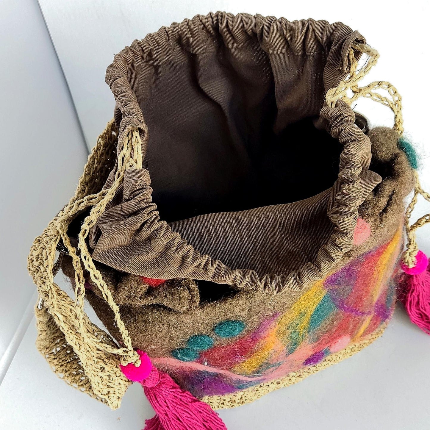 Felted Wool Bucket Bag: Crochet Jute Handle, Needle Felted Flowers