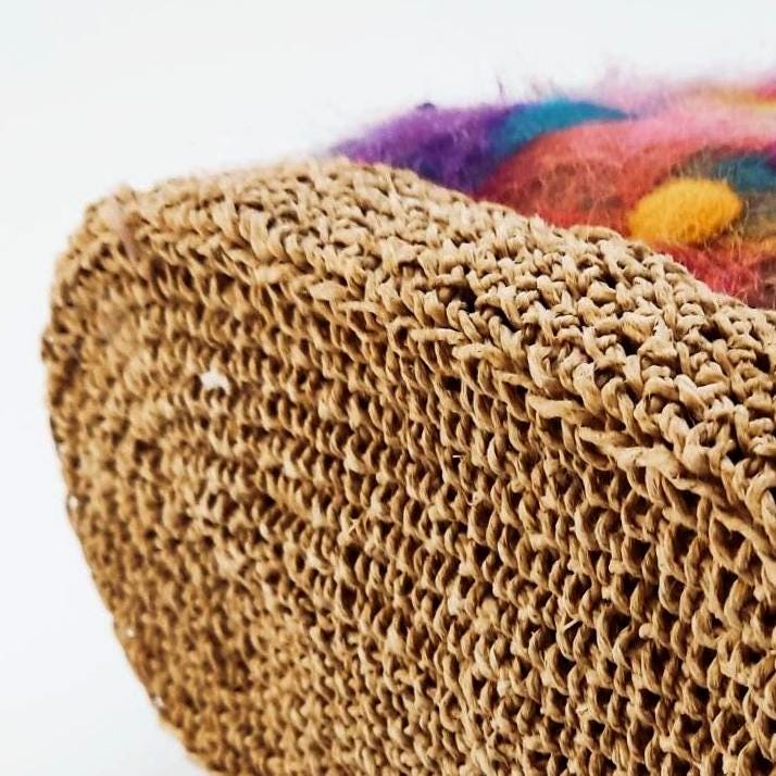 Felted Wool Bucket Bag: Crochet Jute Handle, Needle Felted Flowers