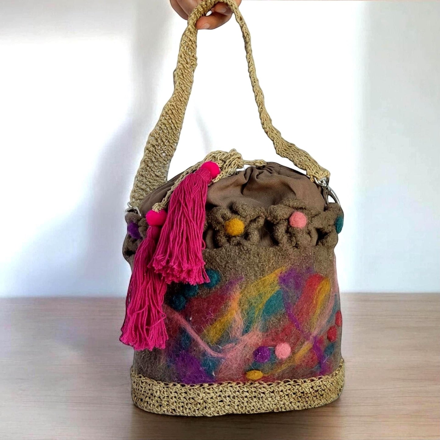 Felted Wool Bucket Bag: Crochet Jute Handle, Needle Felted Flowers