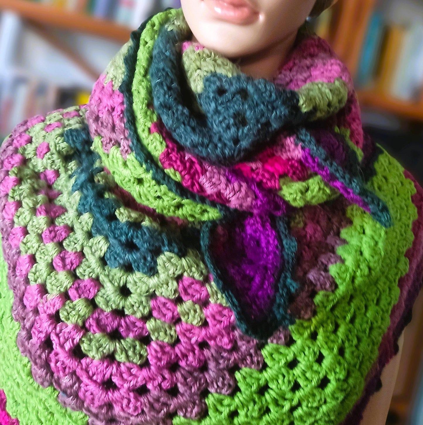 Crochet Granny Square Triangle Scarf - Multicolor Striped Wrap Shawl