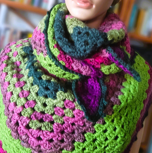 Crochet Granny Square Triangle Scarf - Multicolor Striped Wrap Shawl