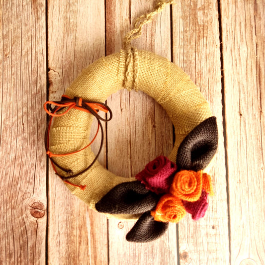 Autumn Burlap Rose Wreath: Handmade Fall Door Decor in Orange & Burgundy (20cm & 30cm)