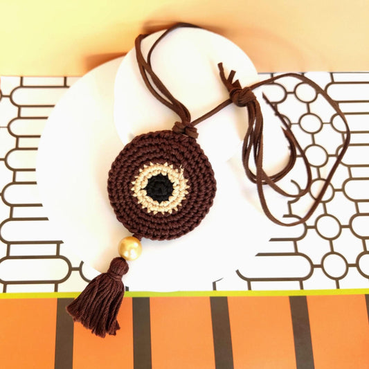 Chocolate Brown Crochet Evil Eye Pendant Necklace - Boho Tassel Leather Strap, Protection Jewelry