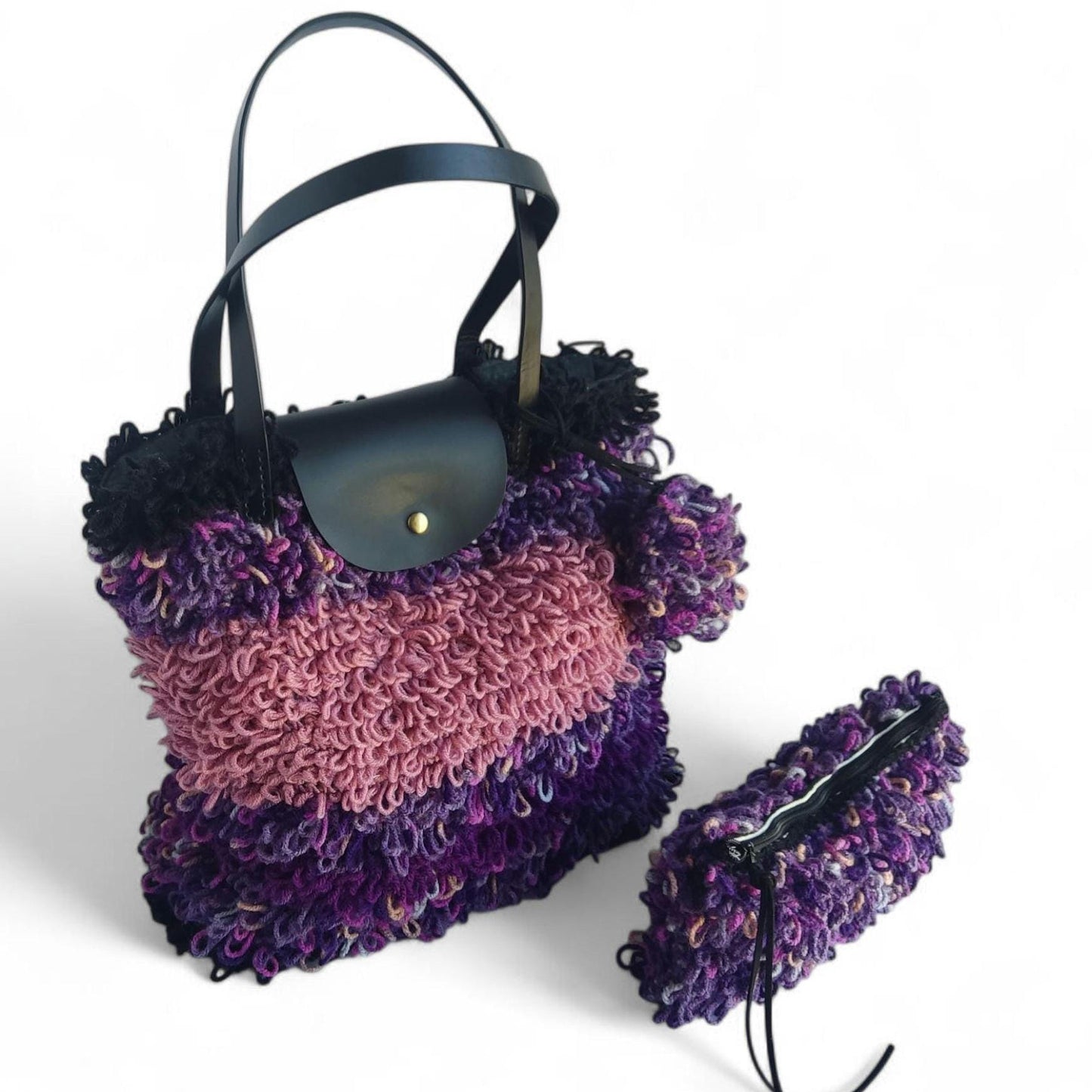 Crochet Tote Bag with Leather Handles and Two Purses