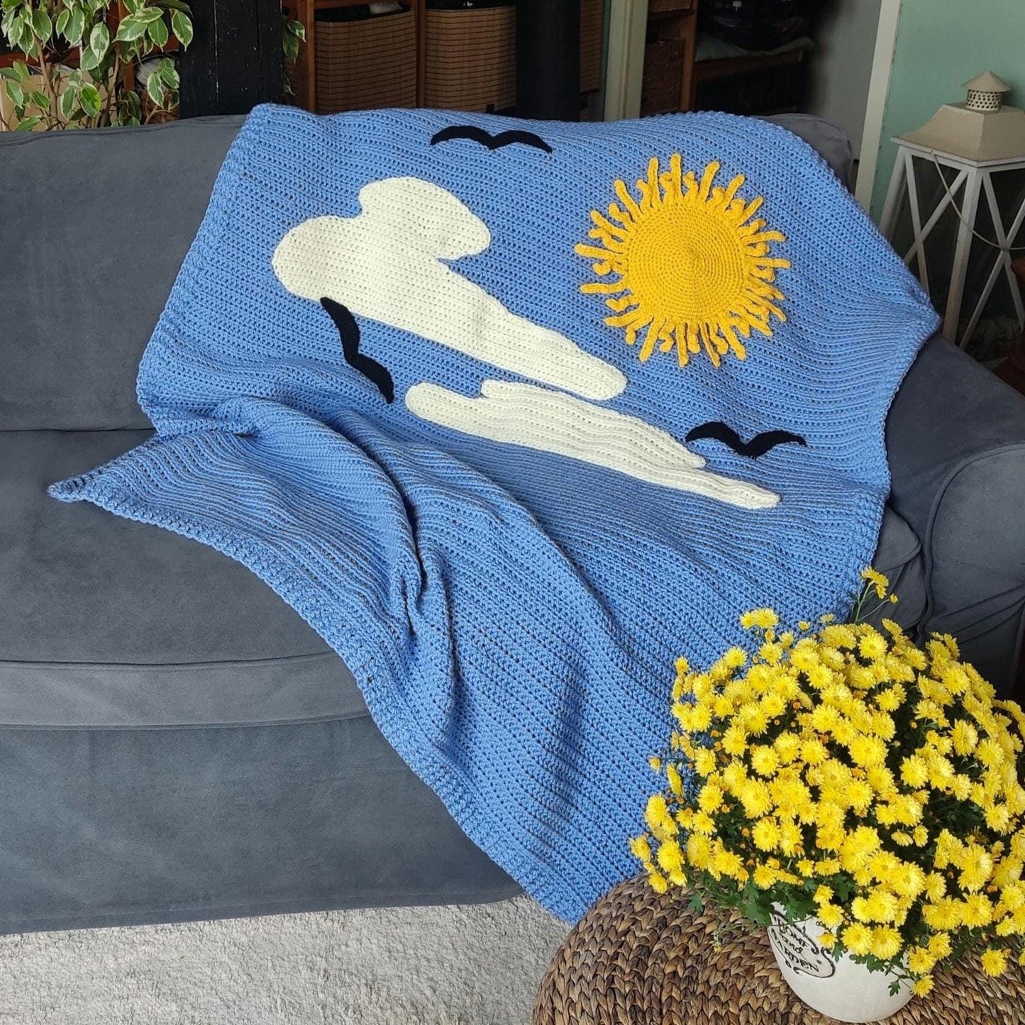 Personalised Blue Crochet Toddler Blanket: Sun, Cloud, Bird Crochet  Throw