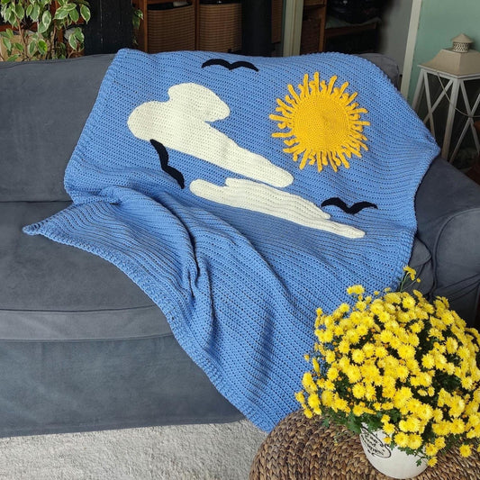 Personalised Blue Crochet Toddler Blanket: Sun, Cloud, Bird Crochet  Throw