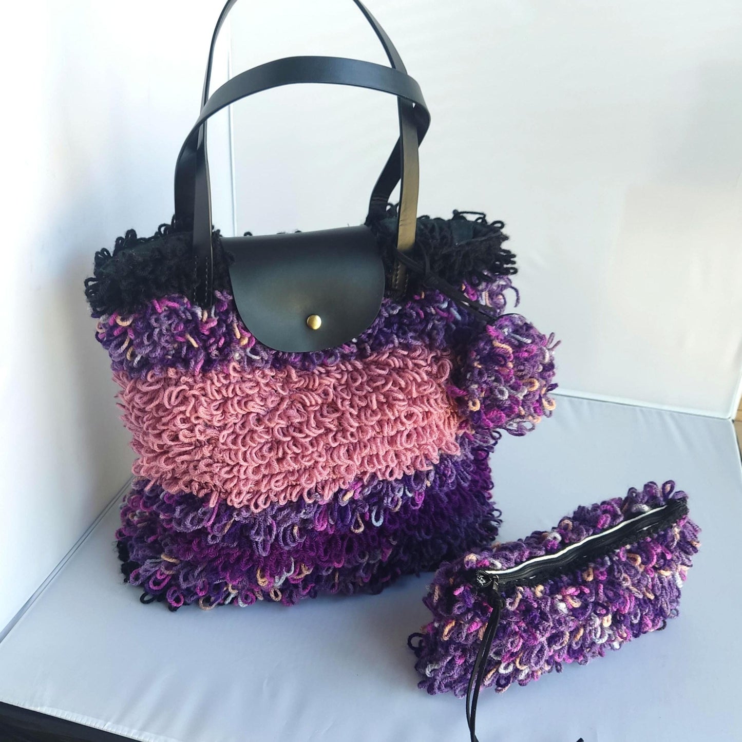 Crochet Tote Bag with Leather Handles and Two Purses