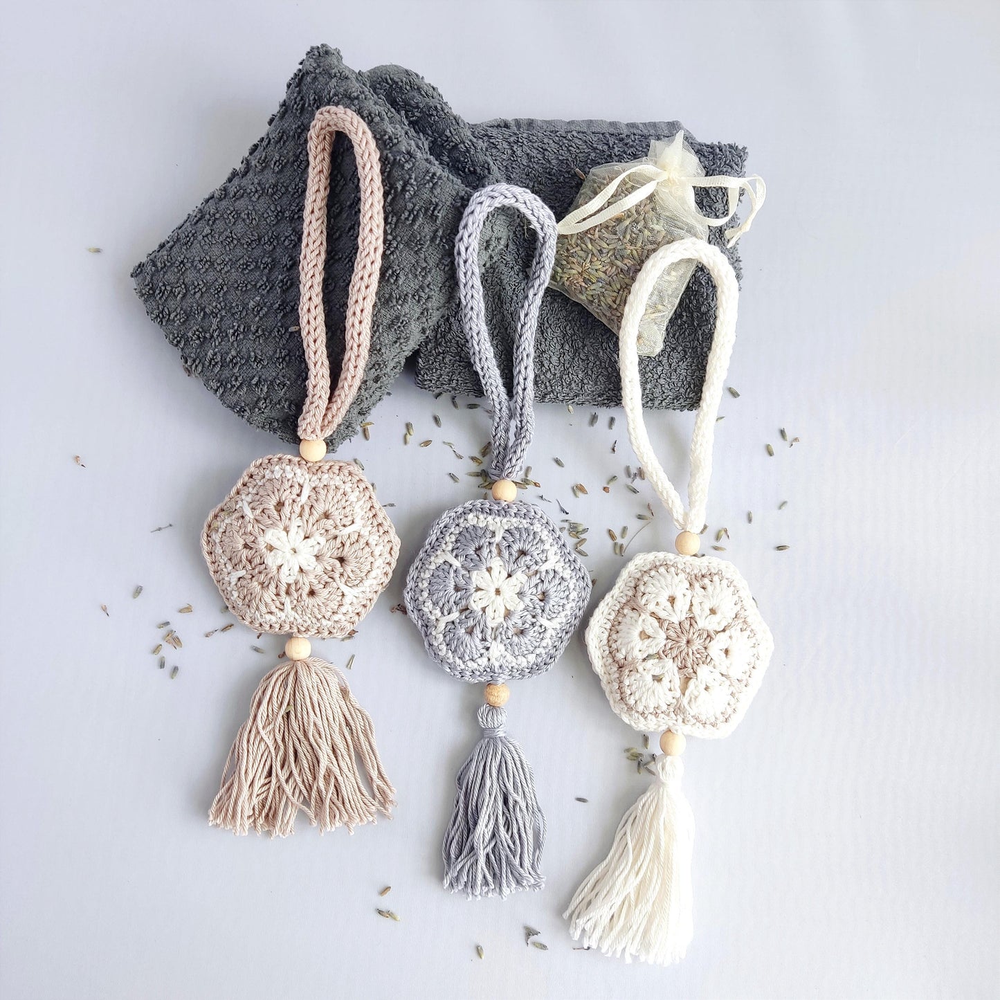 Personalised Crochet Lavender Sachet: Cotton Closet Freshener with Wooden Beads