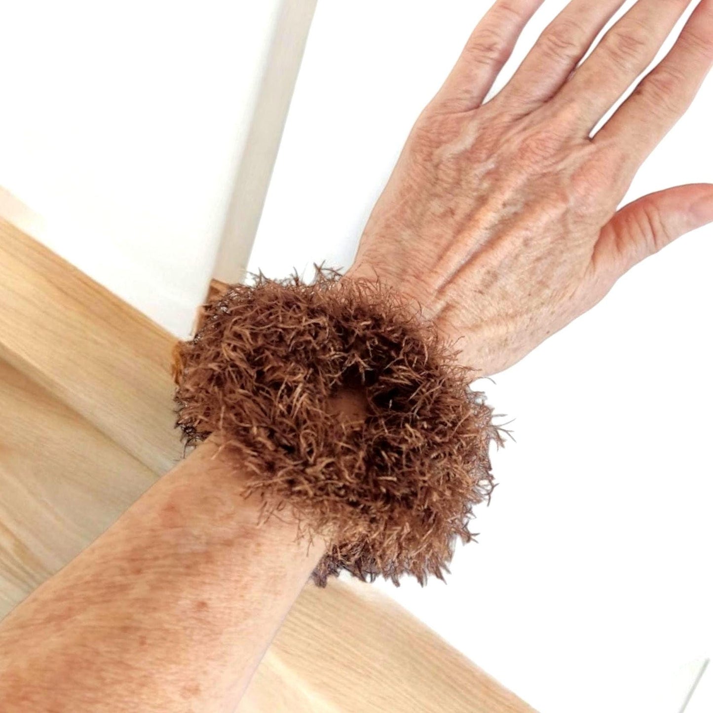 Chunky Brown Faux Fur Crochet Bracelet - Fluffy Cuff Bangle