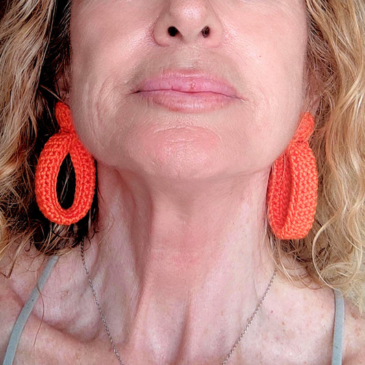 Orange Crochet Hoop Earrings:  Cotton Yarn, Gold Plated Studs