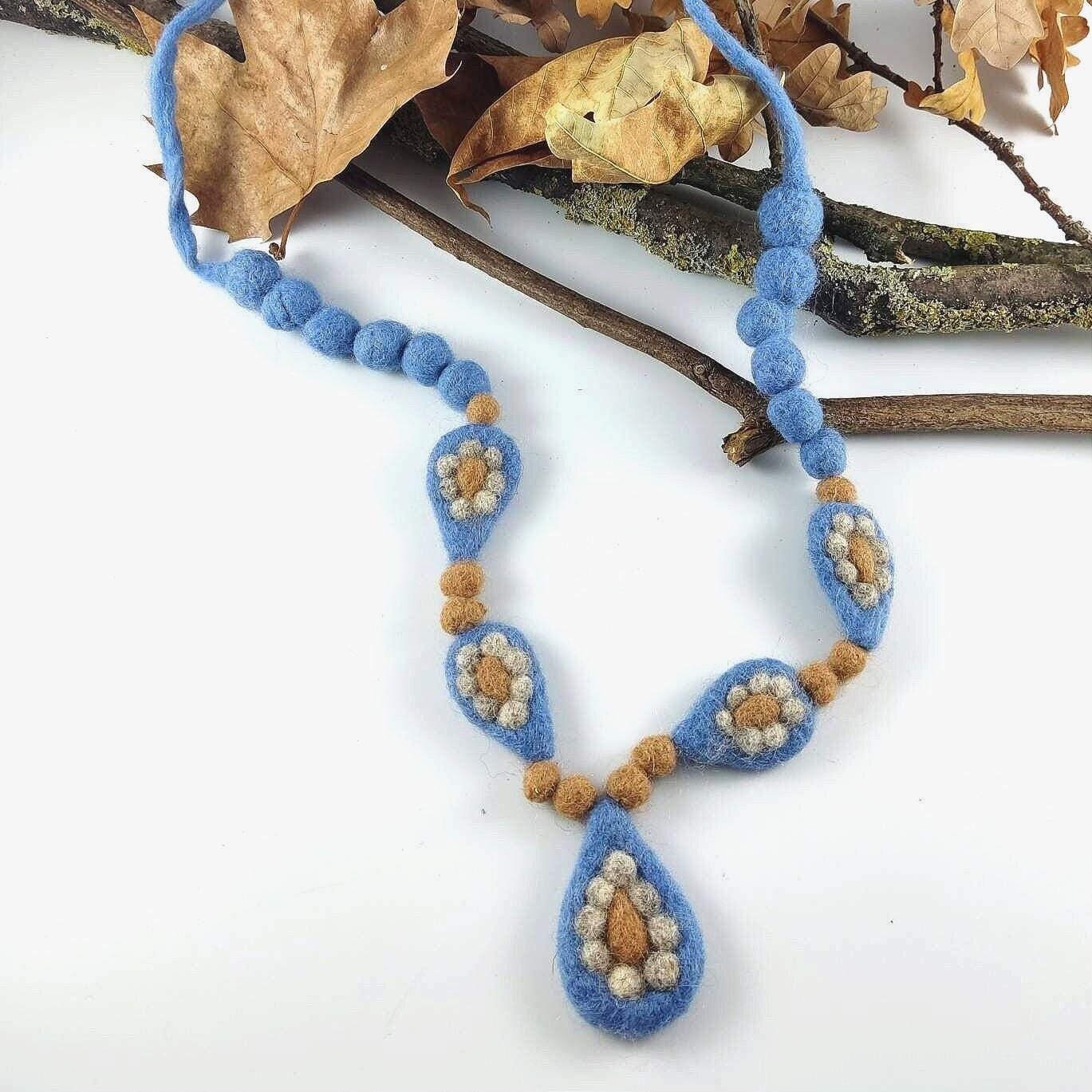 Needle Felted Blue Necklace: Merino Wool Beaded Chain, Mid-Century Style