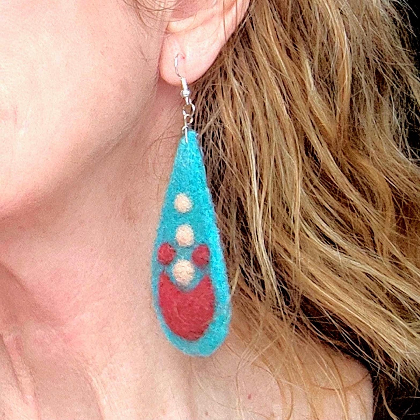 Needle Felted Earrings: Boho Teardrop Merino Wool, Silver Hooks